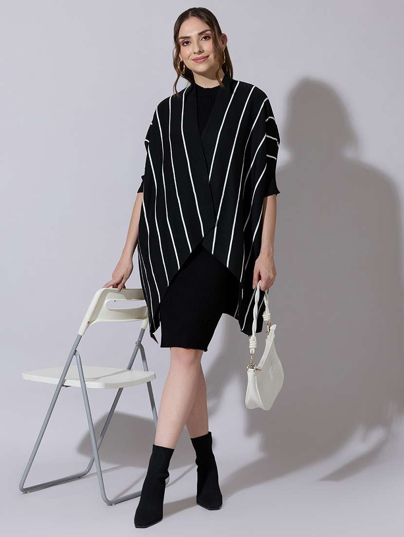 women knit dress with striped poncho-style overlay