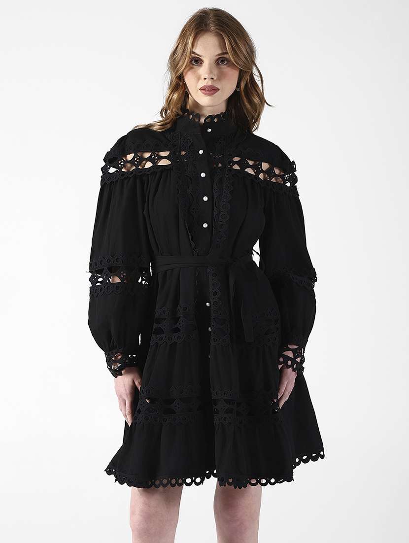 women solid puff sleeve lace tiered  dress