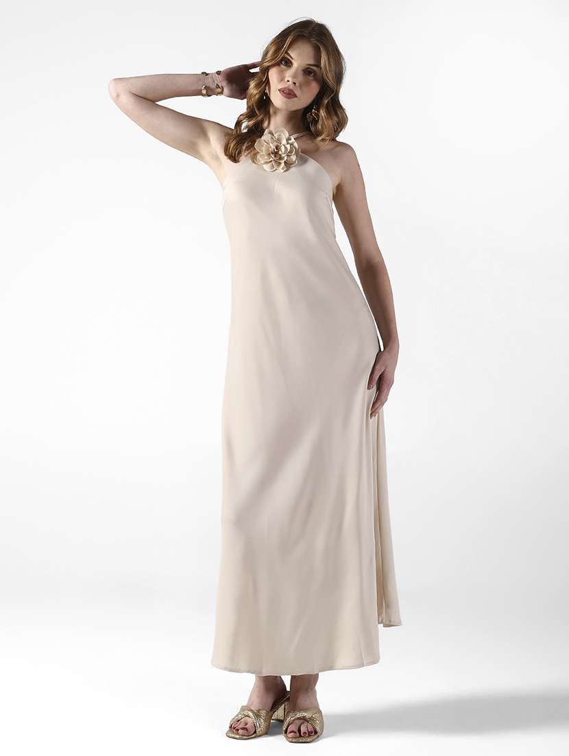 women solid halter neck a-line dress