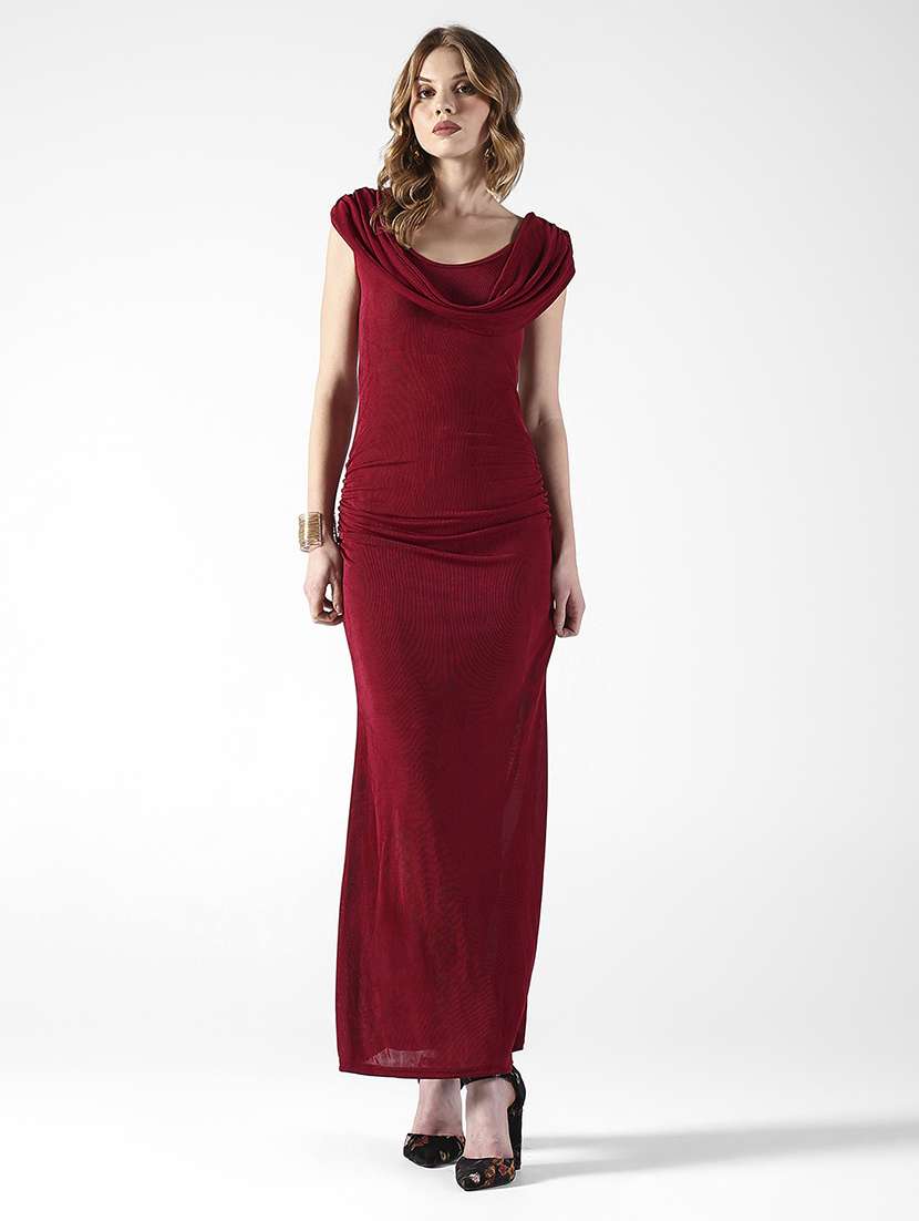 women solid cowl neck bodycon dress