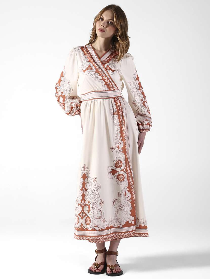women printed puff sleeve wrap dress
