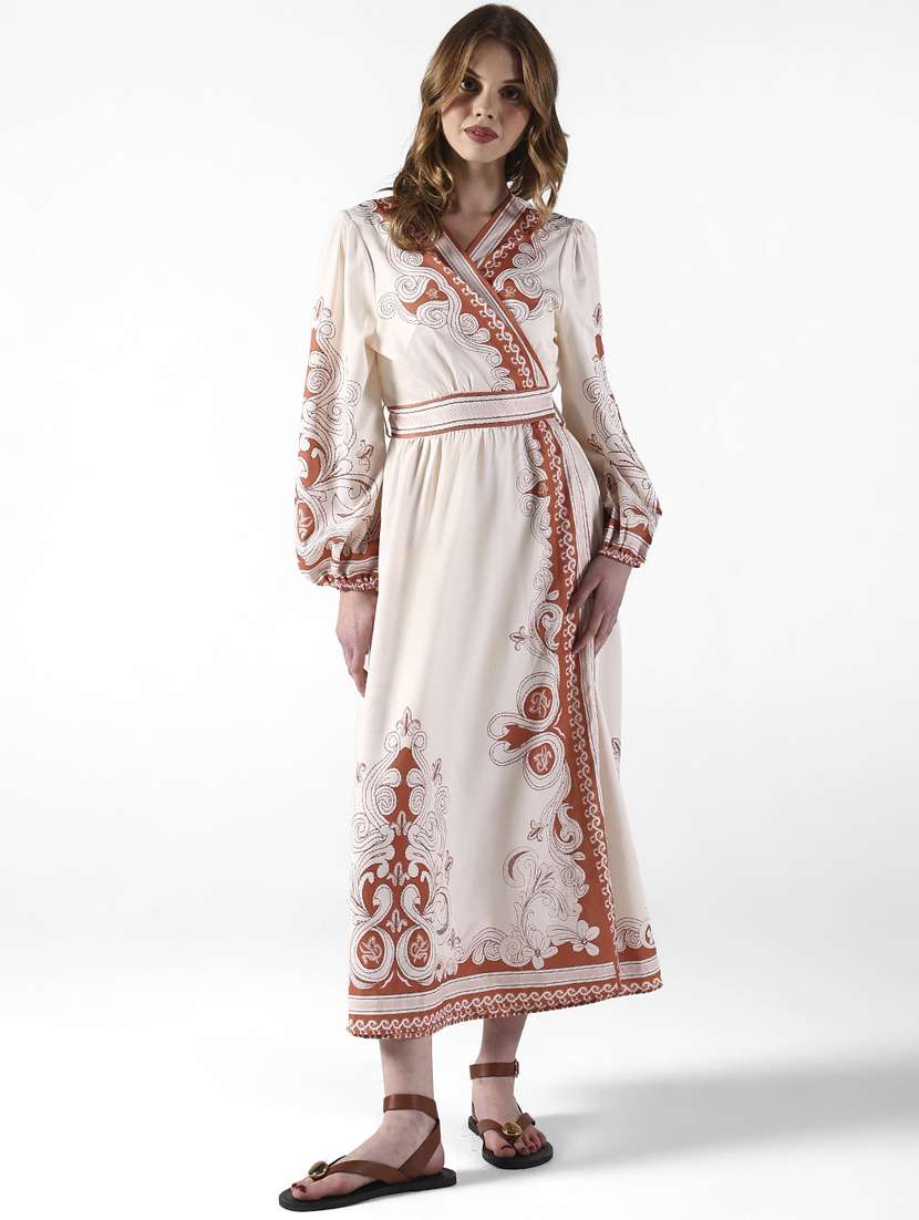 women printed puff sleeve wrap dress - 22322060 -  Standard Image - 1