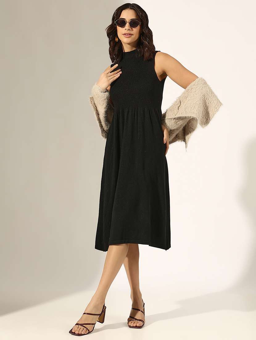 women solid sleeveless fit & flare dress