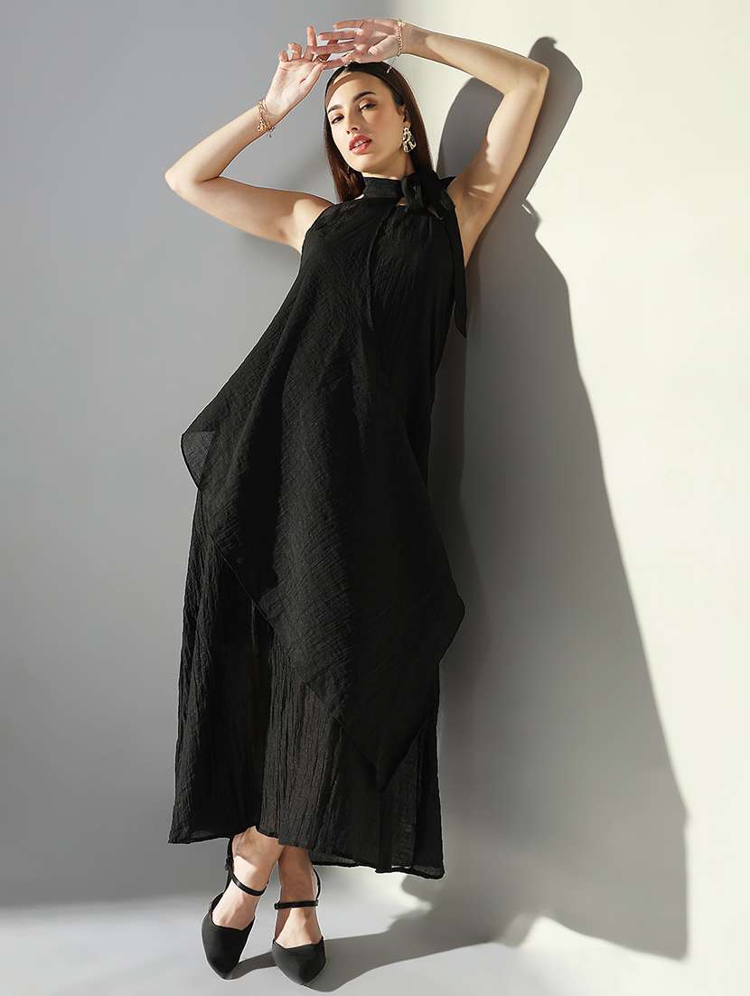 women solid shoulder strap a-line dress with drape over