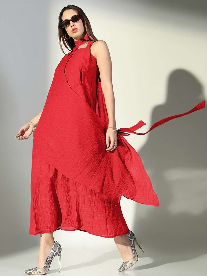 women solid shoulder strap a-line dress with drape over - 22322069 -  Standard Image - 1