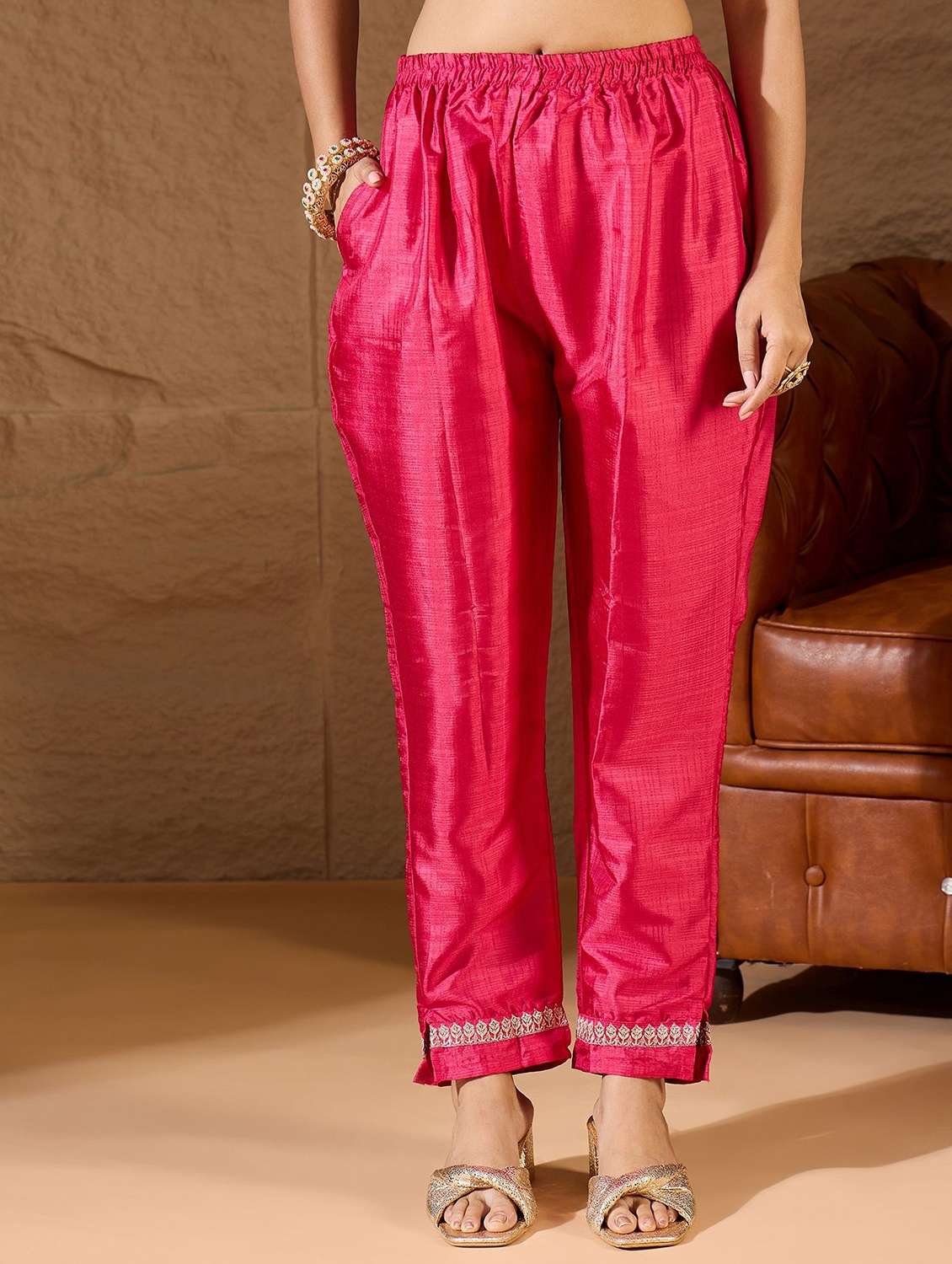 women solid with work three quarter sleeve kurta pant with dupatta set - 22322112 -  Standard Image - 4