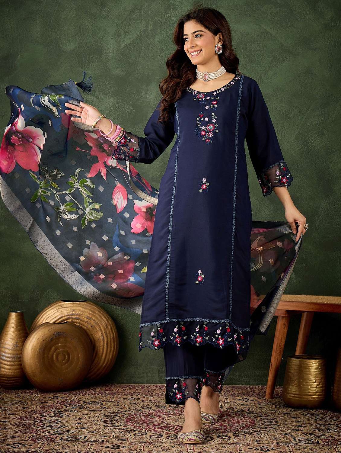 women solid with work three quarter sleeve kurta pant with dupatta set - 22322115 -  Standard Image - 1
