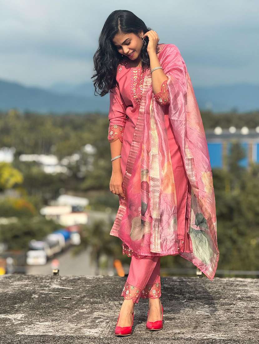 women solid with work three quarter sleeve kurta pant with dupatta set - 22322116 -  Standard Image - 1