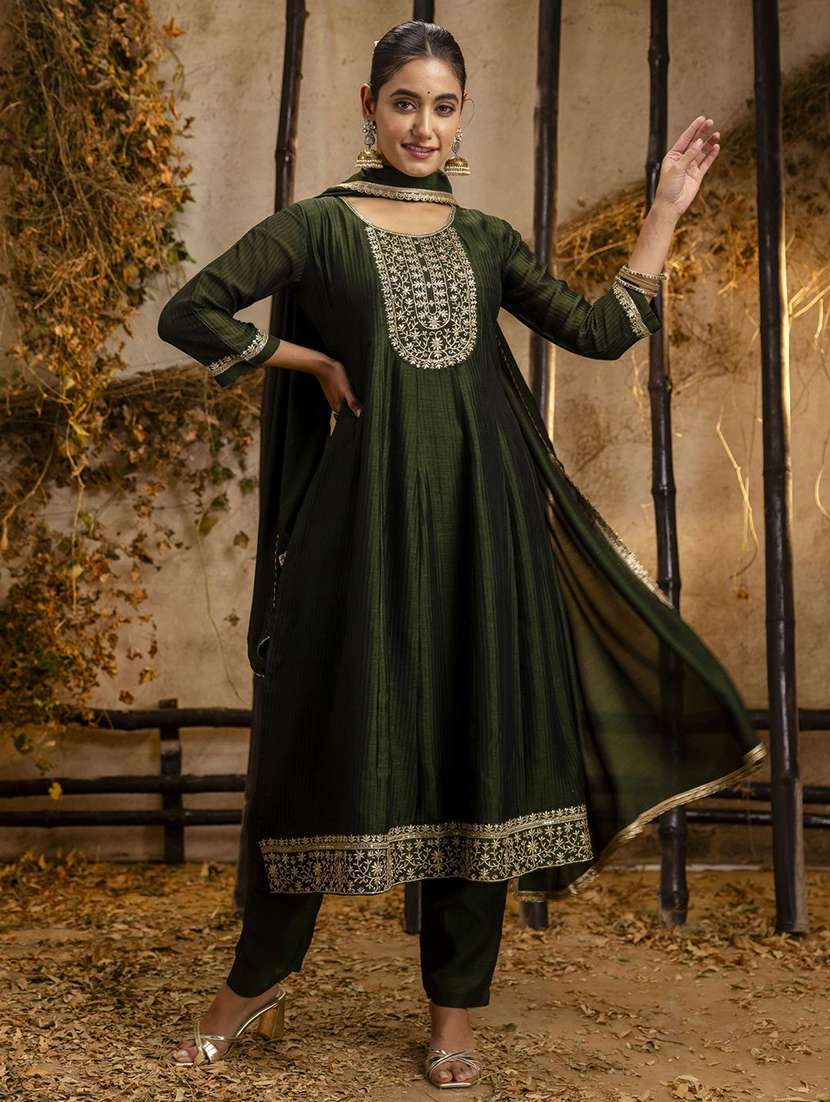 women solid with work three quarter sleeve kurta pant with dupatta set - 22322125 -  Standard Image - 1