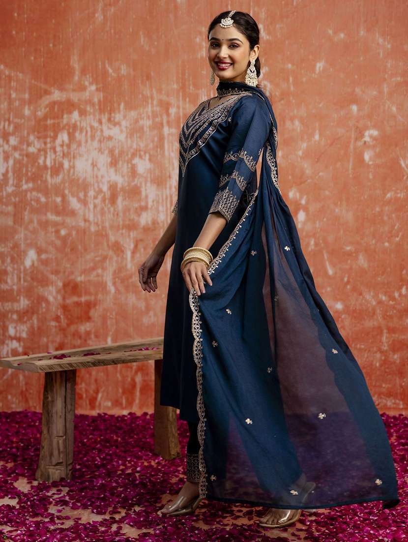 women solid with work three quarter sleeve kurta pant with dupatta set - 22322126 -  Standard Image - 1