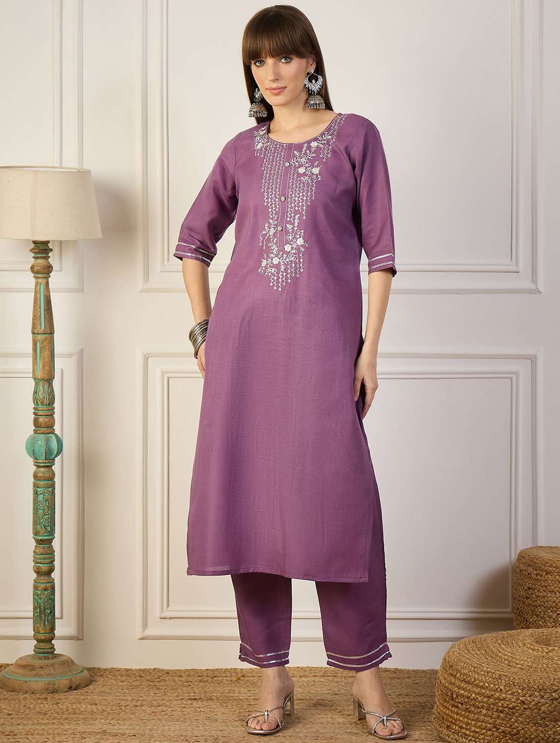 women solid with work three quarter sleeve kurta pant with dupatta set - 22322128 -  Standard Image - 1