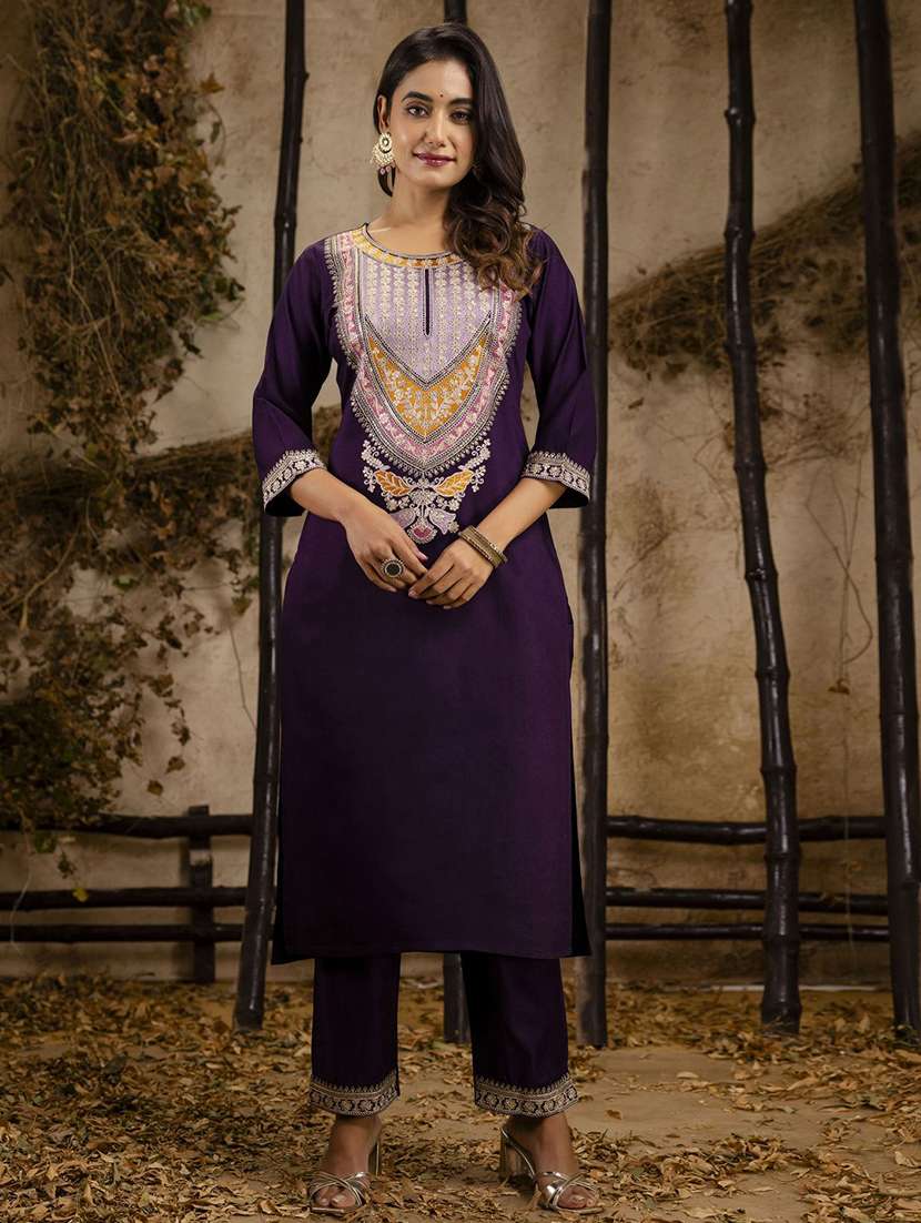 women solid with work three quarter sleeve kurta pant with dupatta set - 22322133 -  Standard Image - 1