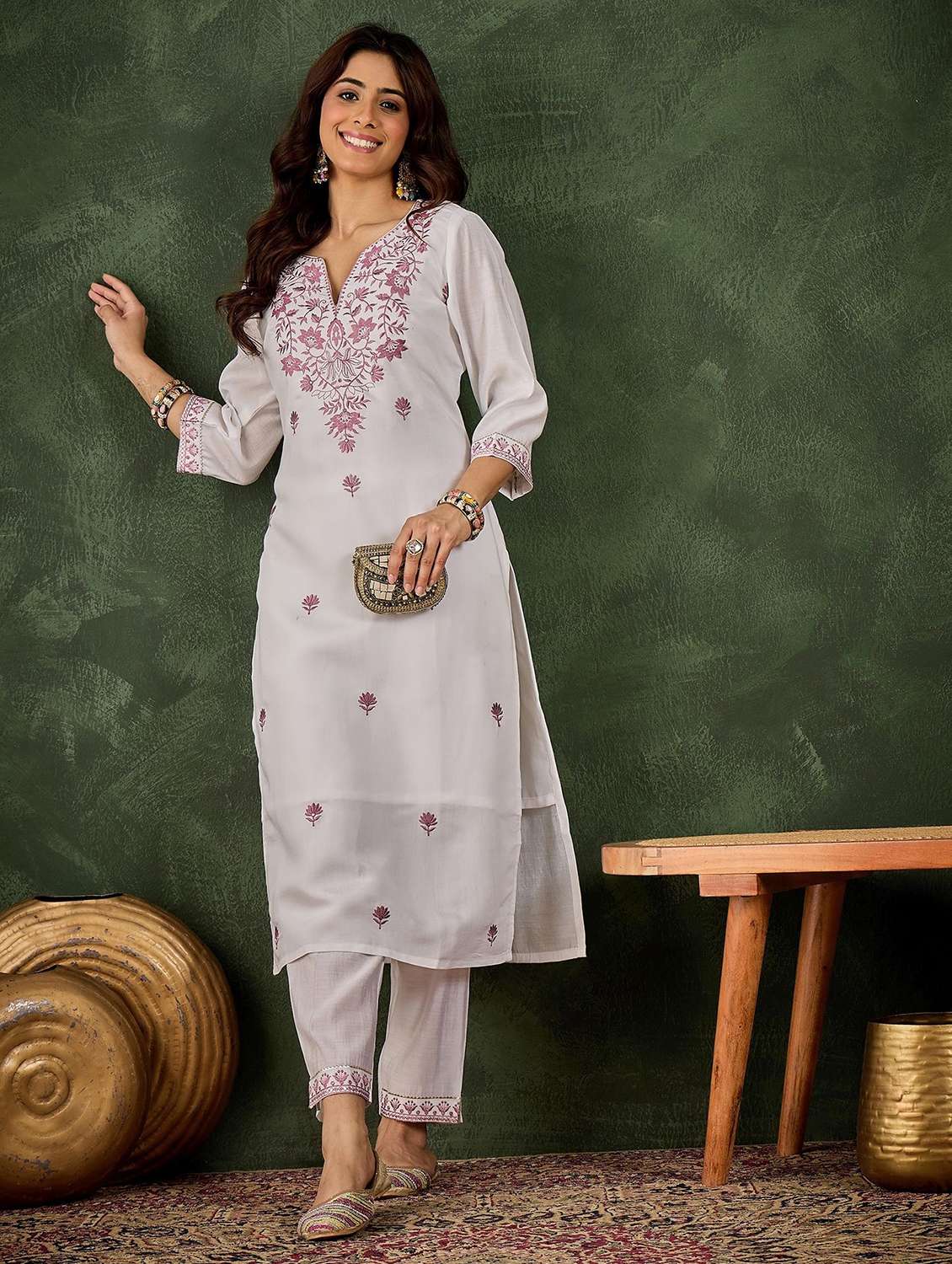women solid with work three quarter sleeve kurta pant with dupatta set