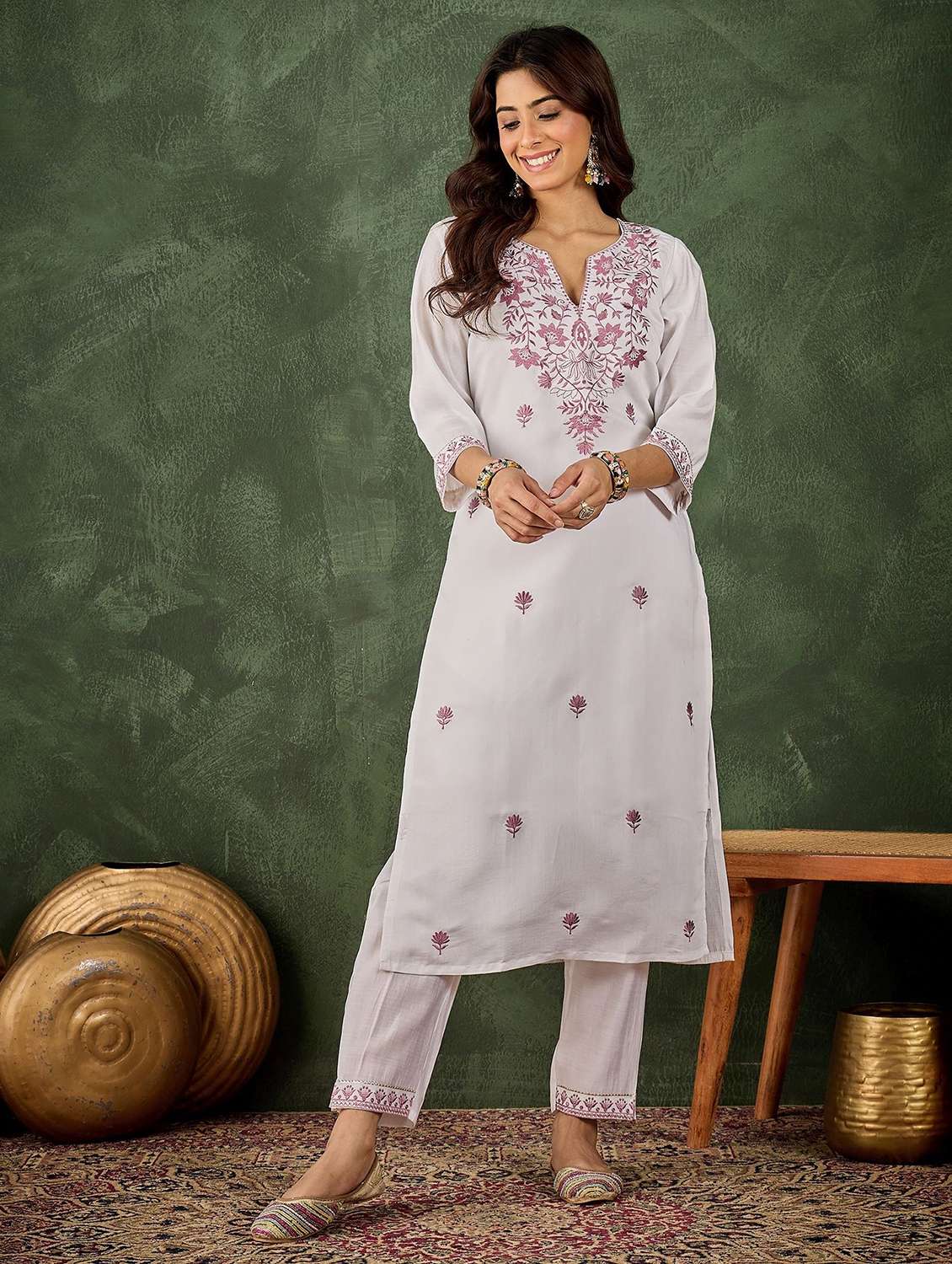 women solid with work three quarter sleeve kurta pant with dupatta set - 22322136 -  Standard Image - 1
