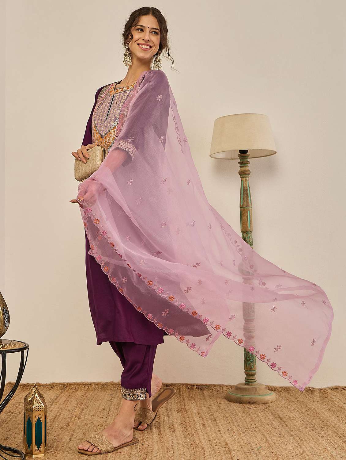 women solid with work three quarter sleeve kurta pant with dupatta set - 22322139 -  Standard Image - 1