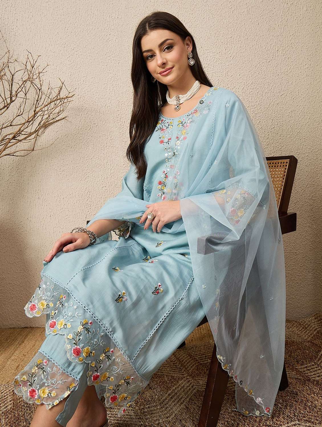 women solid with work three quarter sleeve kurta pant with dupatta set - 22322141 -  Standard Image - 1