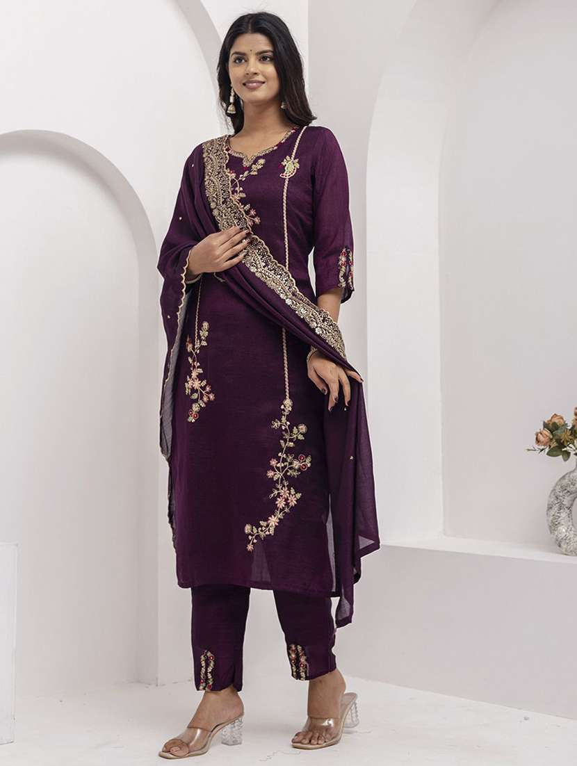 women solid with work three quarter sleeve kurta pant with dupatta set - 22322148 -  Standard Image - 1
