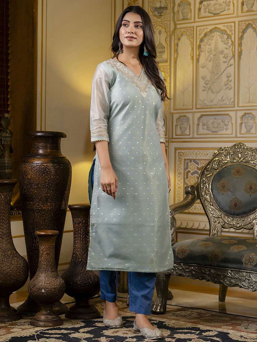Women Self Design Three Quarter Sleeve Kurta Pant Set - 22322151 -  Standard Image - 4