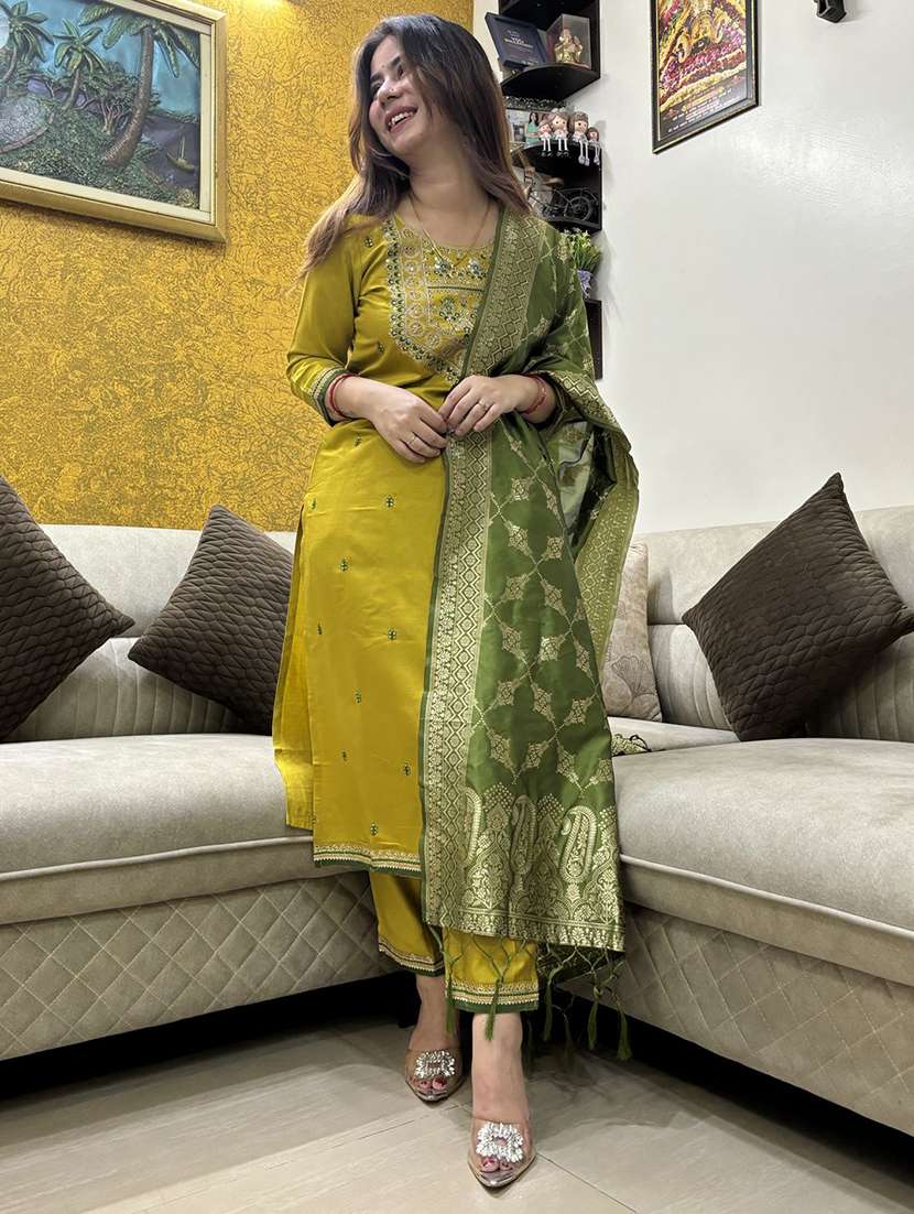 women solid with work three quarter sleeve kurta pant with dupatta set - 22322157 -  Standard Image - 1