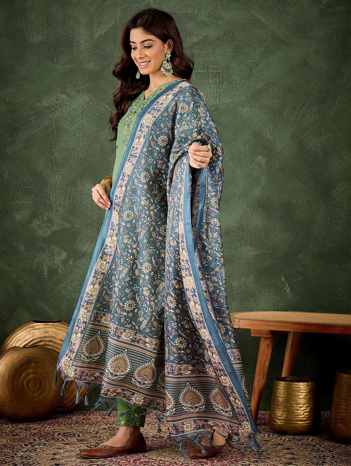 women solid with work three quarter sleeve kurta pant with dupatta set - 22322160 -  Standard Image - 1