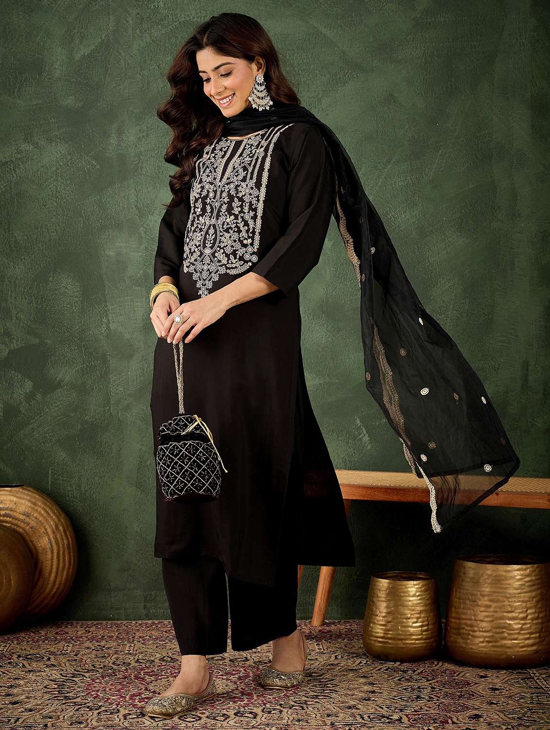 women solid with work three quarter sleeve kurta pant with dupatta set - 22322161 -  Standard Image - 1