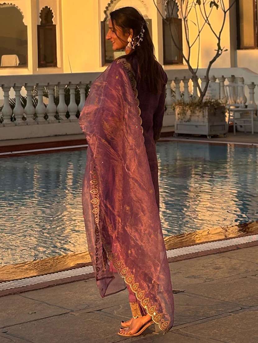women solid with work three quarter sleeve kurta pant with dupatta set - 22322162 -  Standard Image - 1