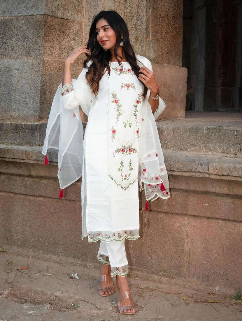 women solid with work three quarter sleeve kurta pant with dupatta set - 22322166 -  Standard Image - 1