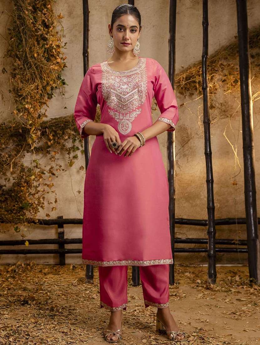 women solid with work three quarter sleeve kurta pant with dupatta set - 22322171 -  Standard Image - 1