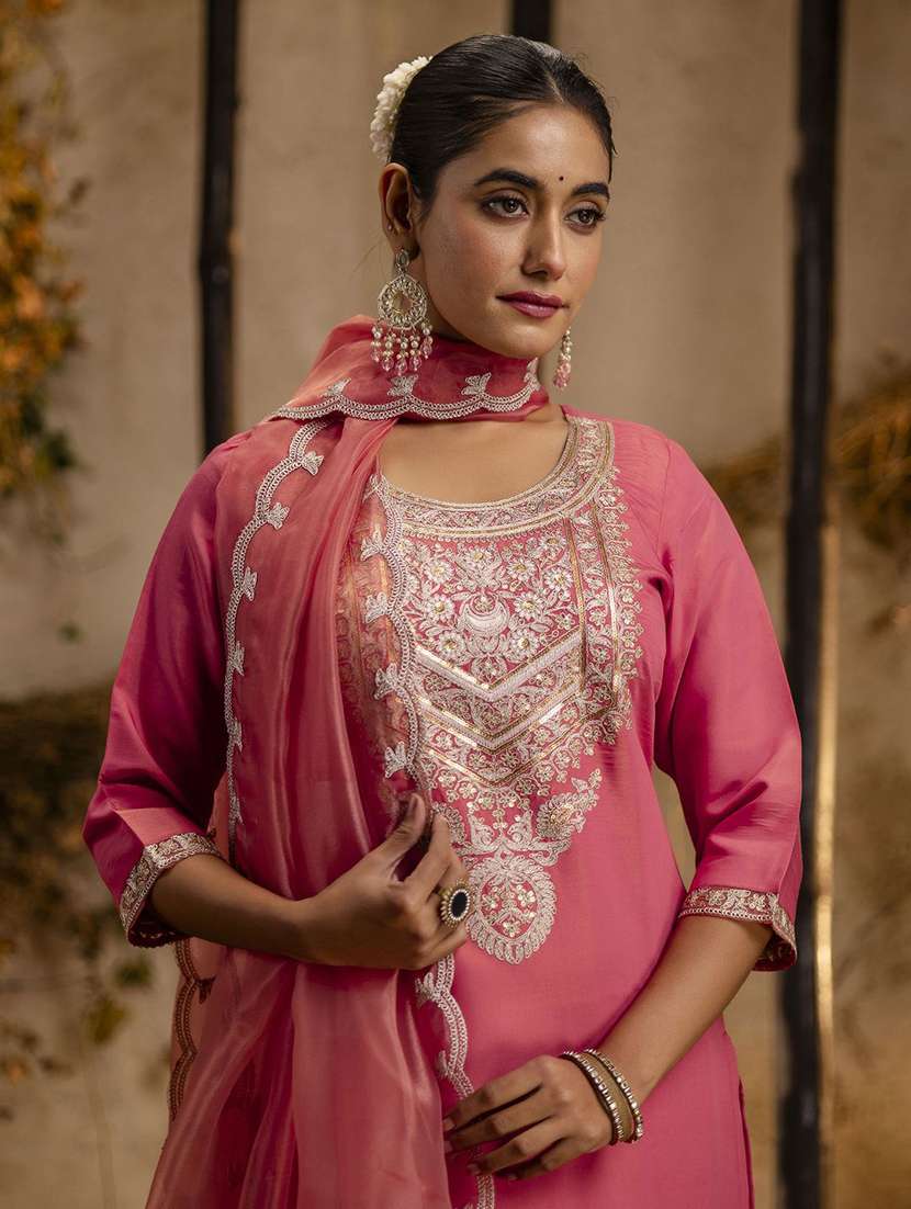 women solid with work three quarter sleeve kurta pant with dupatta set - 22322171 -  Standard Image - 4