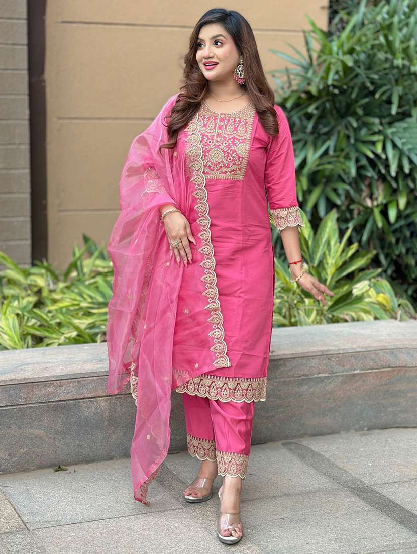 women solid with work three quarter sleeve kurta pant with dupatta set - 22322172 -  Standard Image - 1