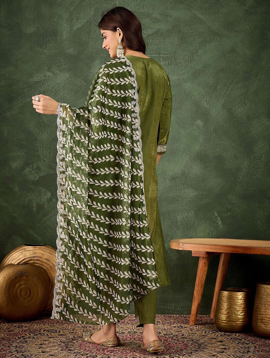 women solid with work three quarter sleeve kurta pant with dupatta set - 22322176 -  Standard Image - 1