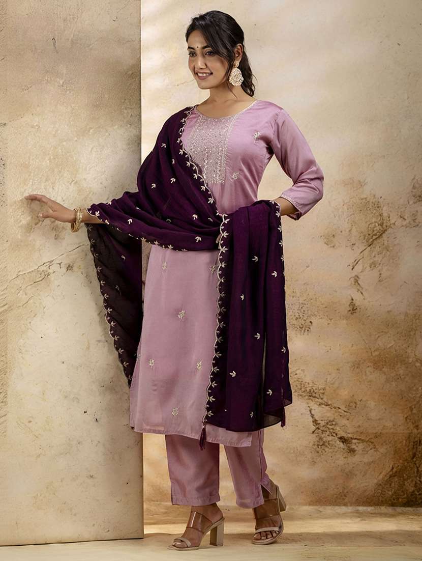 women solid with work three quarter sleeve kurta pant with dupatta set - 22322181 -  Standard Image - 1