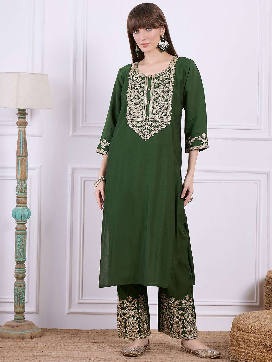 women solid with work three quarter sleeve kurta pant with dupatta set - 22322182 -  Standard Image - 1