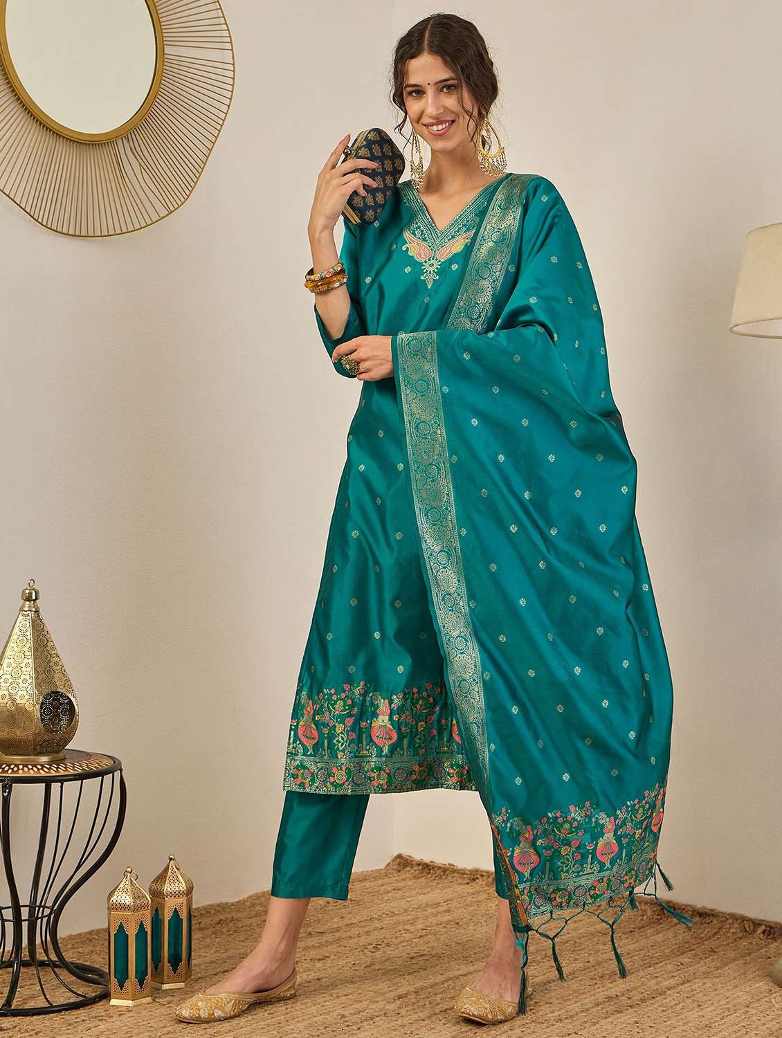 women self design three quarter sleeve kurta pant with dupatta set