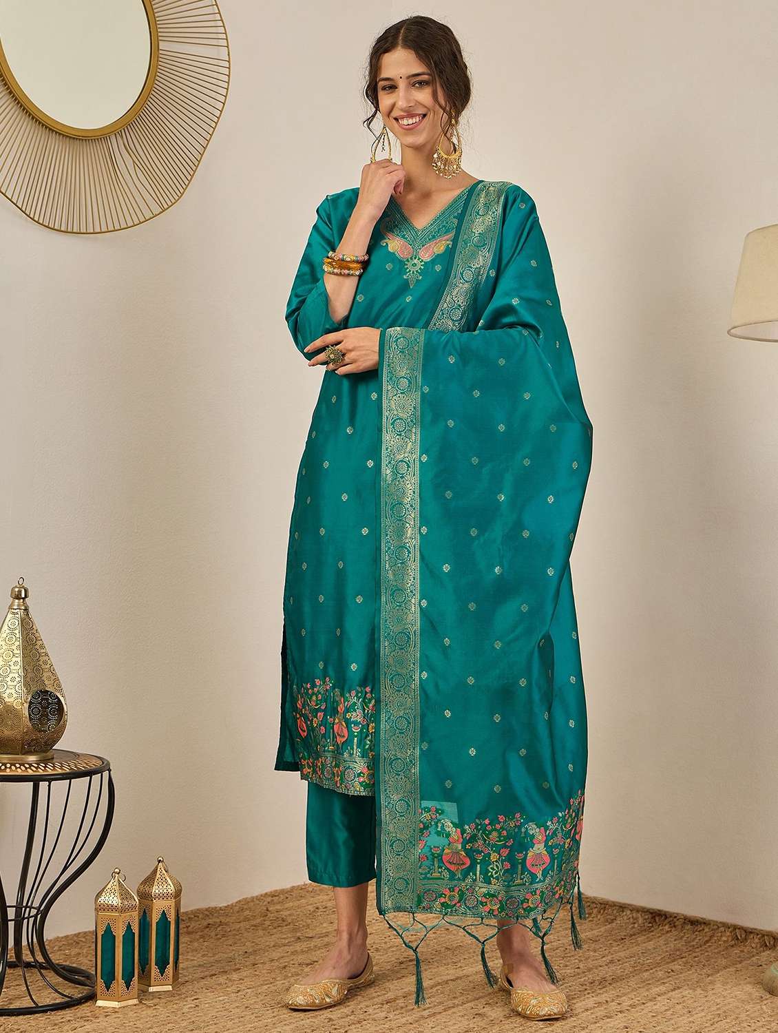 women self design three quarter sleeve kurta pant with dupatta set - 22322190 -  Standard Image - 1