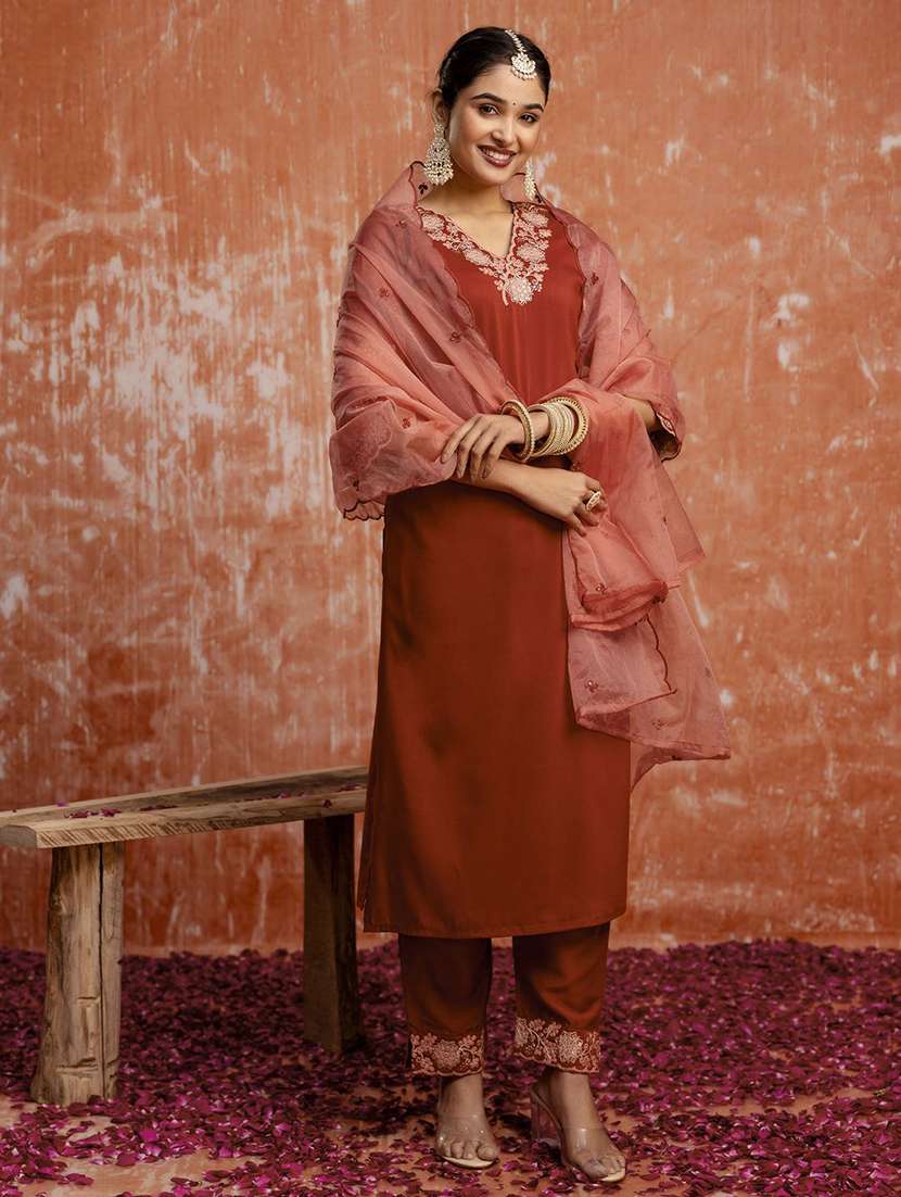 women solid with work three quarter sleeve kurta pant with dupatta set - 22322191 -  Standard Image - 1