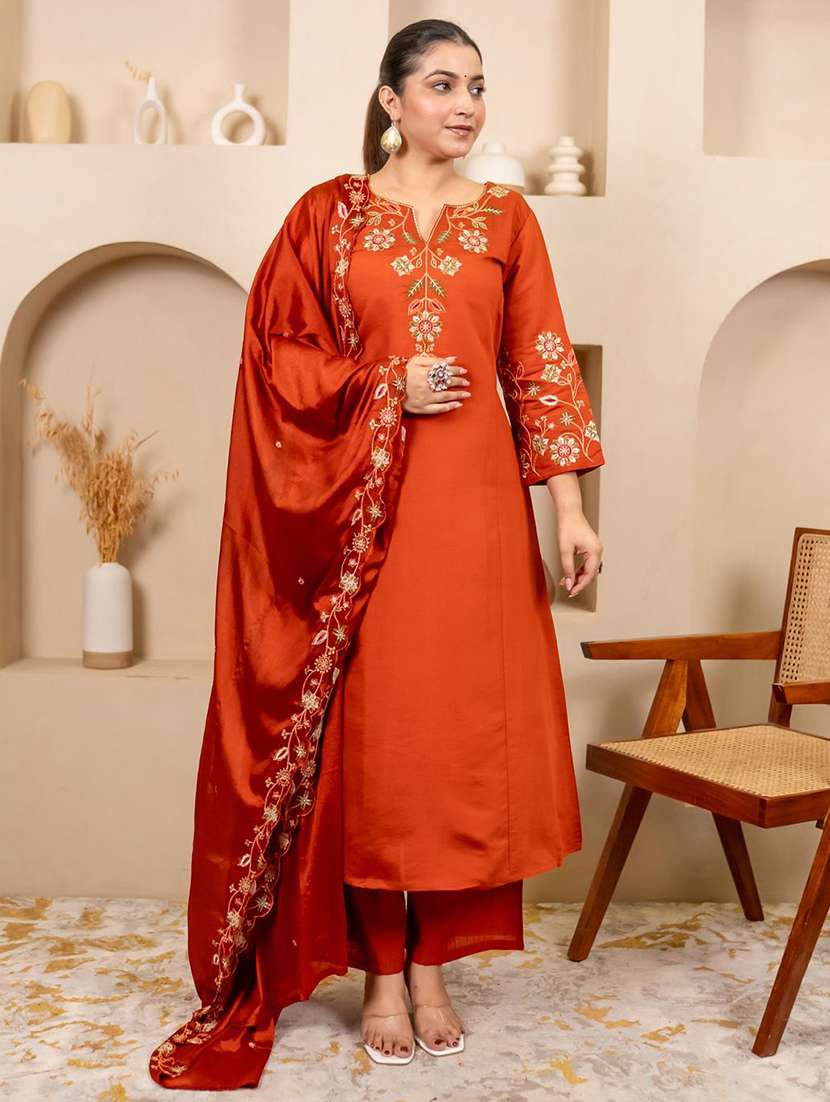 women solid with work three quarter sleeve kurta pant with dupatta set - 22322200 -  Standard Image - 1