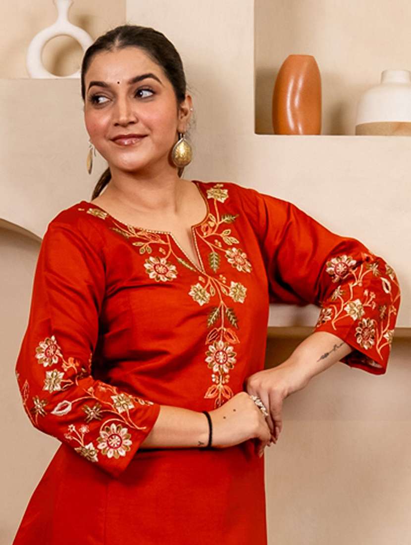 women solid with work three quarter sleeve kurta pant with dupatta set - 22322200 -  Standard Image - 4