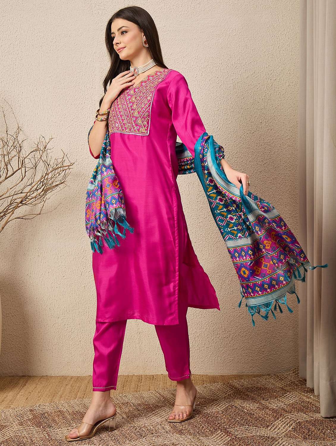 women solid with work three quarter sleeve kurta pant with dupatta set - 22322201 -  Standard Image - 1