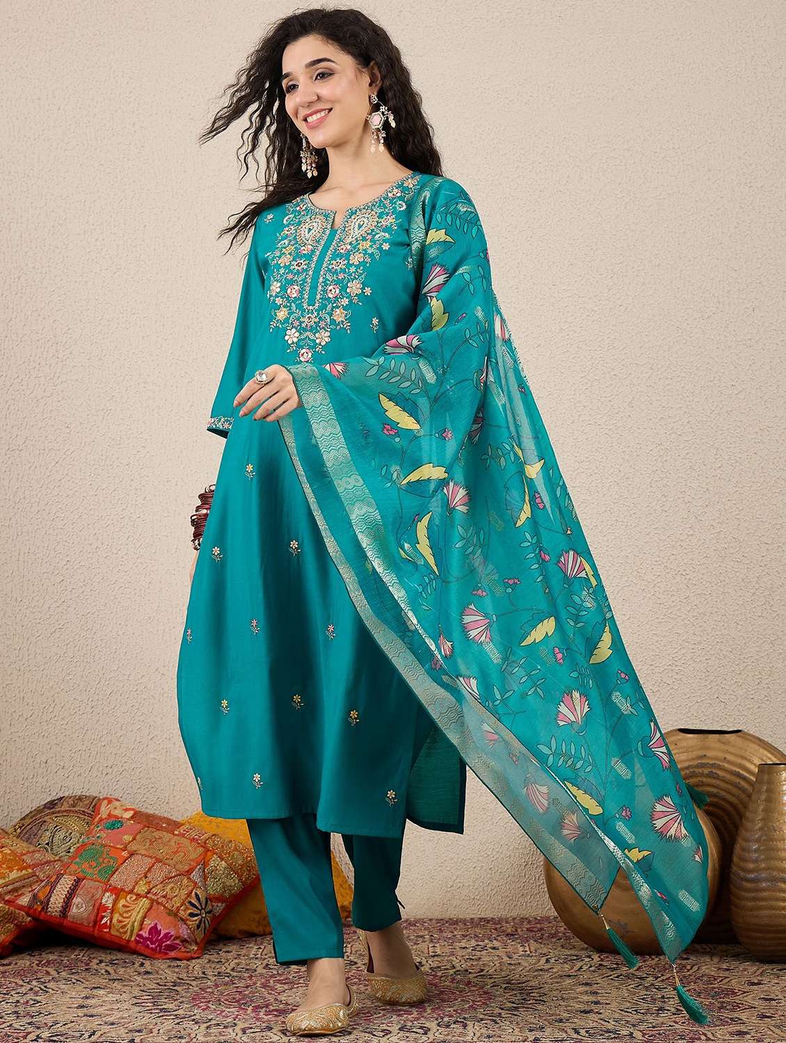 women solid with work three quarter sleeve kurta pant with dupatta set