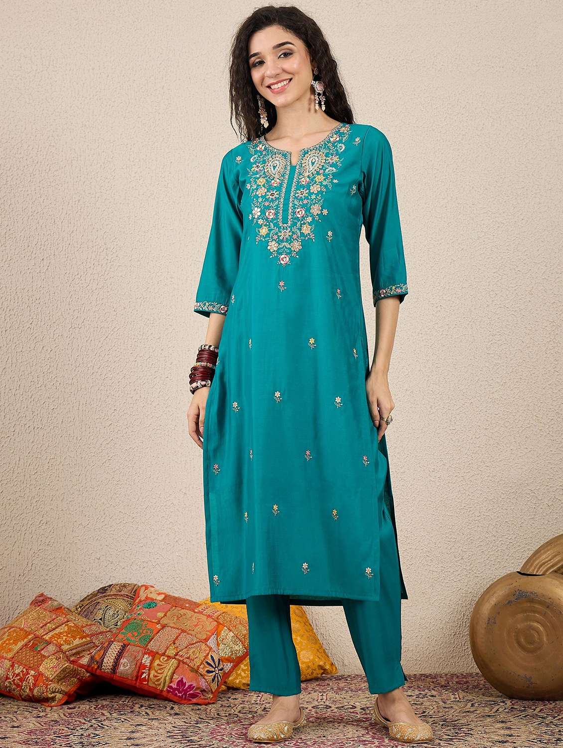 women solid with work three quarter sleeve kurta pant with dupatta set - 22322202 -  Standard Image - 1
