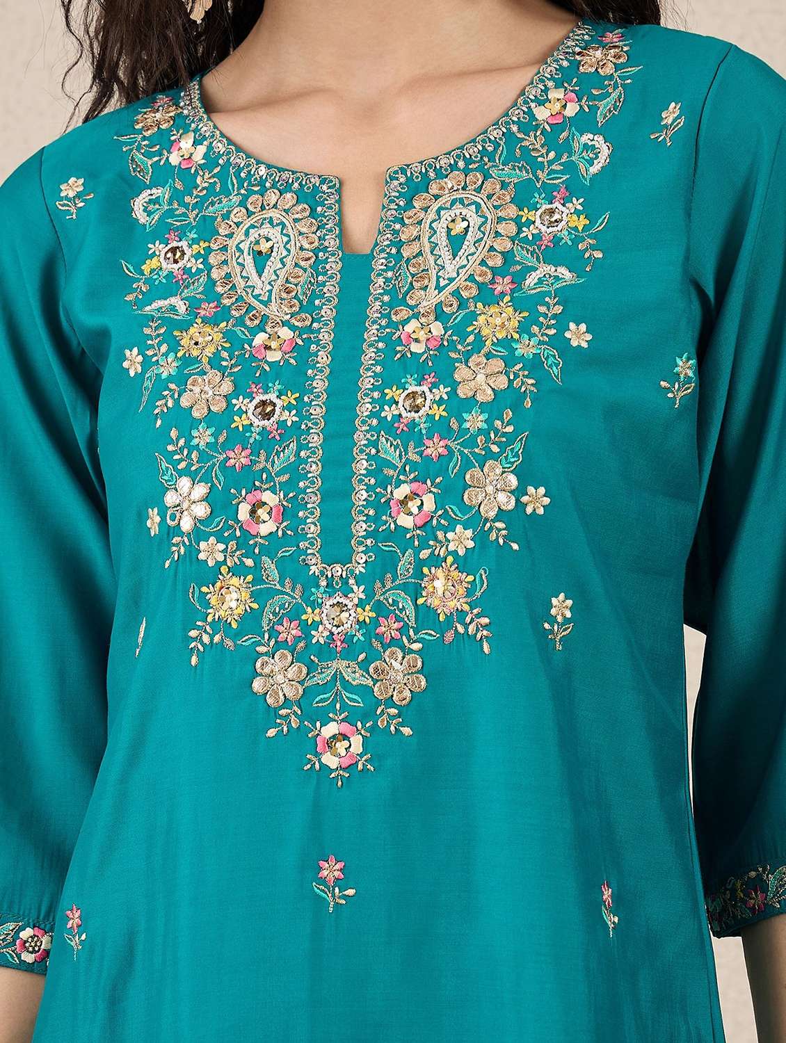 women solid with work three quarter sleeve kurta pant with dupatta set - 22322202 -  Standard Image - 4