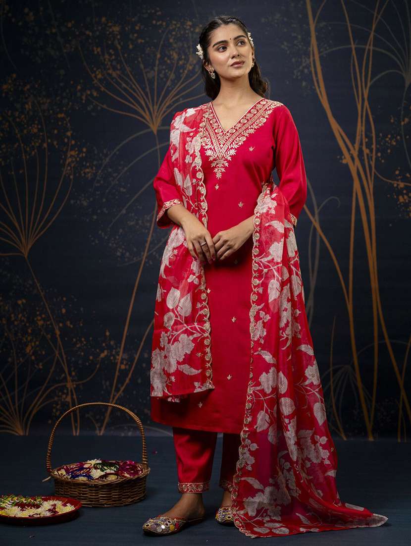 women solid with work three quarter sleeve kurta pant with dupatta set - 22322203 -  Standard Image - 1