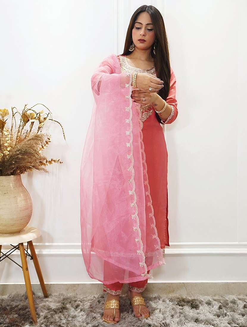 women solid with work three quarter sleeve kurta pant with dupatta set - 22322204 -  Standard Image - 1