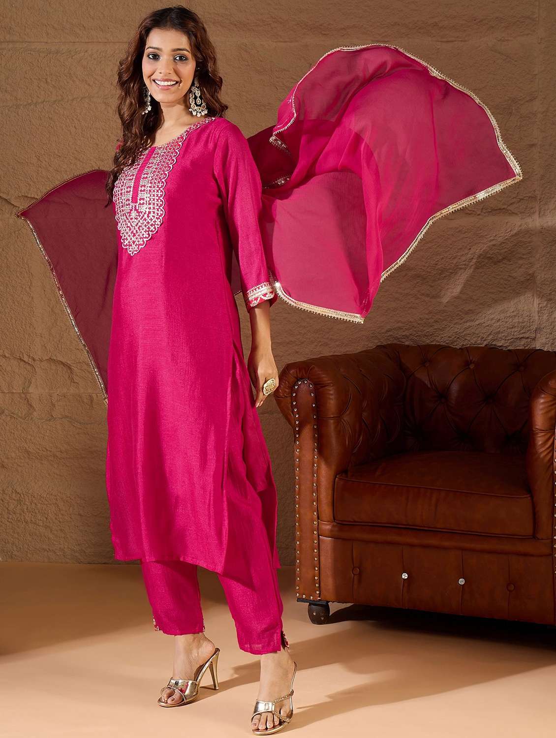 women solid with work three quarter sleeve kurta pant with dupatta set - 22322207 -  Standard Image - 1