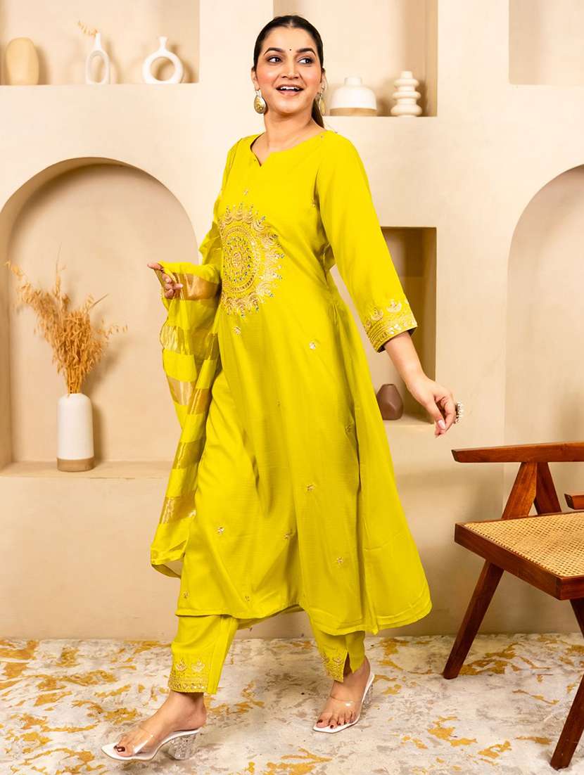 women solid with work three quarter sleeve kurta pant with dupatta set - 22322208 -  Standard Image - 1
