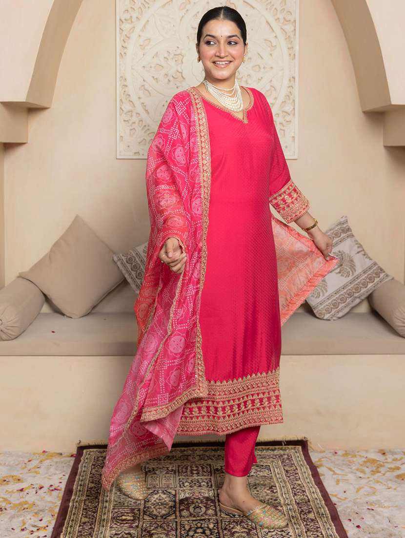 women solid with work three quarter sleeve kurta pant with dupatta set - 22322209 -  Standard Image - 1