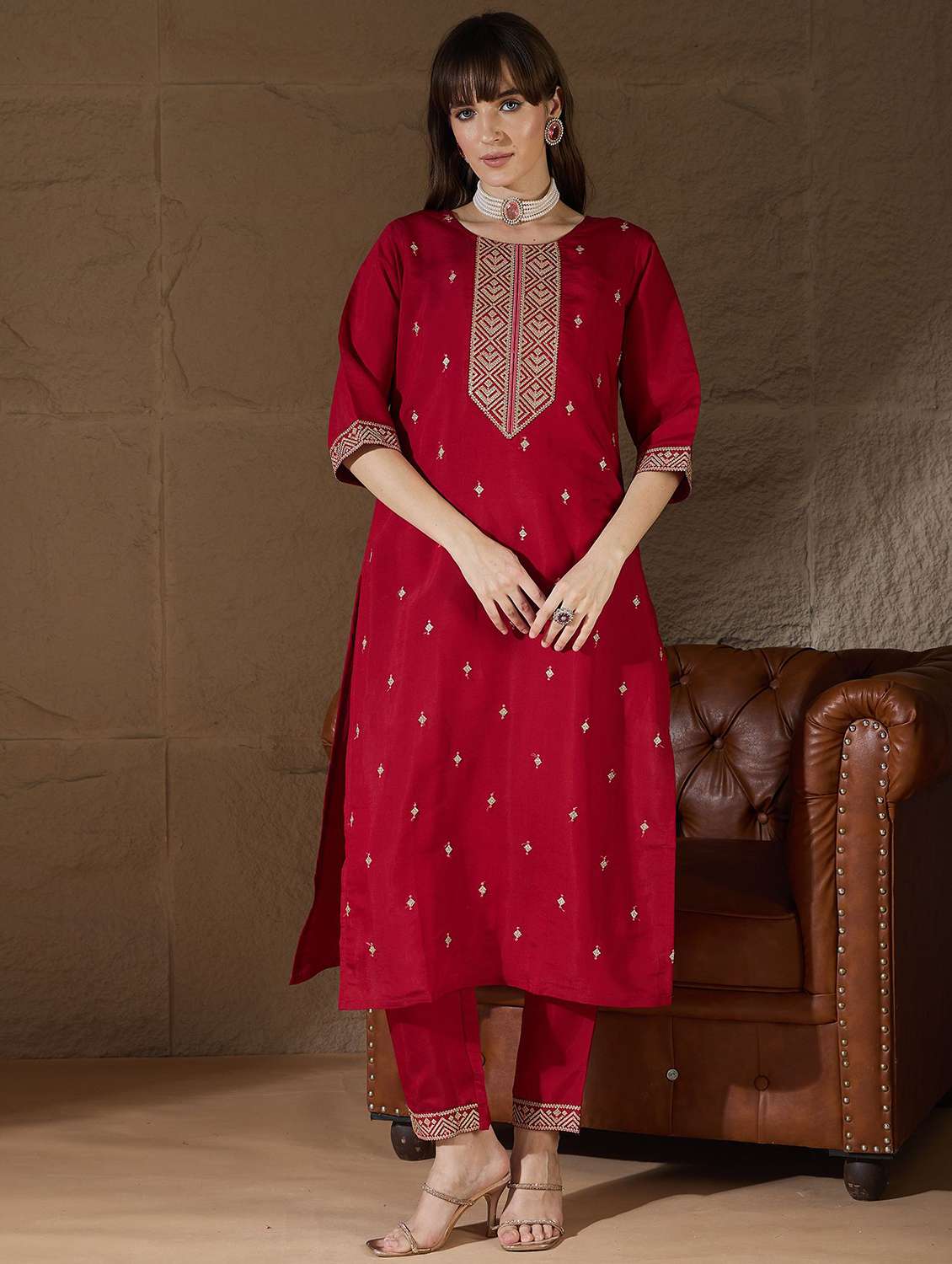 women solid with work three quarter sleeve kurta pant with dupatta set - 22322220 -  Standard Image - 1
