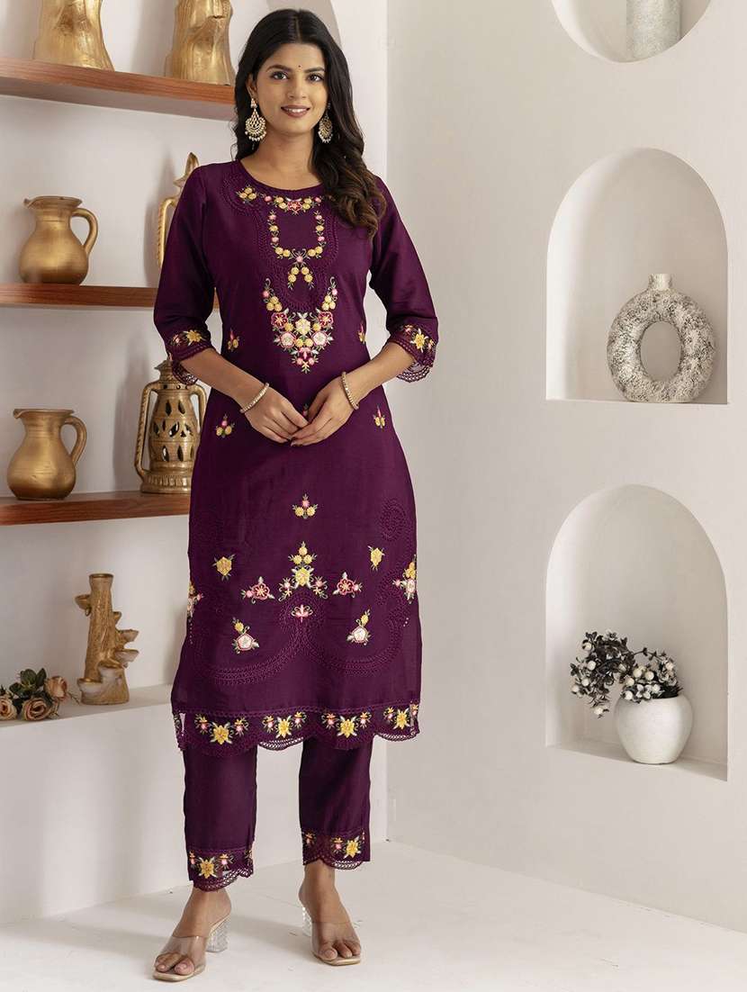 women solid with work three quarter sleeve kurta pant with dupatta set - 22322226 -  Standard Image - 1
