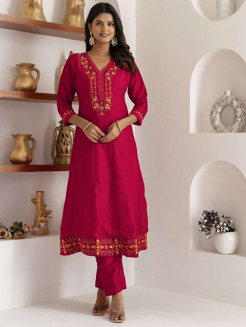 women solid with work three quarter sleeve kurta pant with dupatta set - 22322228 -  Standard Image - 1